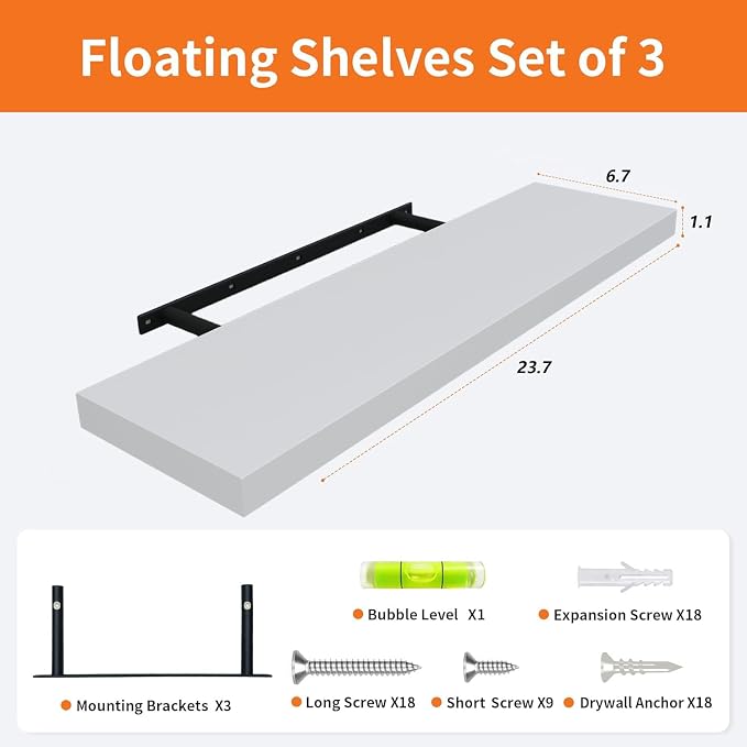 Upassion Floating Shelves for Wall Set of 3, 24" White Wall Shelves for Home Decor, Frame Display White Floating Shelf for Living Room, Bedroom, Bathroom, Kitchen - Image 3
