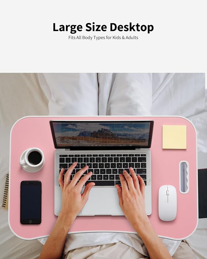 Foldable Lap Desk, Laptop Bed Desk, Portable Lap Table, Laptop Bed Table with Cup Holder & Tablet Slot & Lifting Handle for Working Writing Drawing & Eating - Baby Pink - Image 3