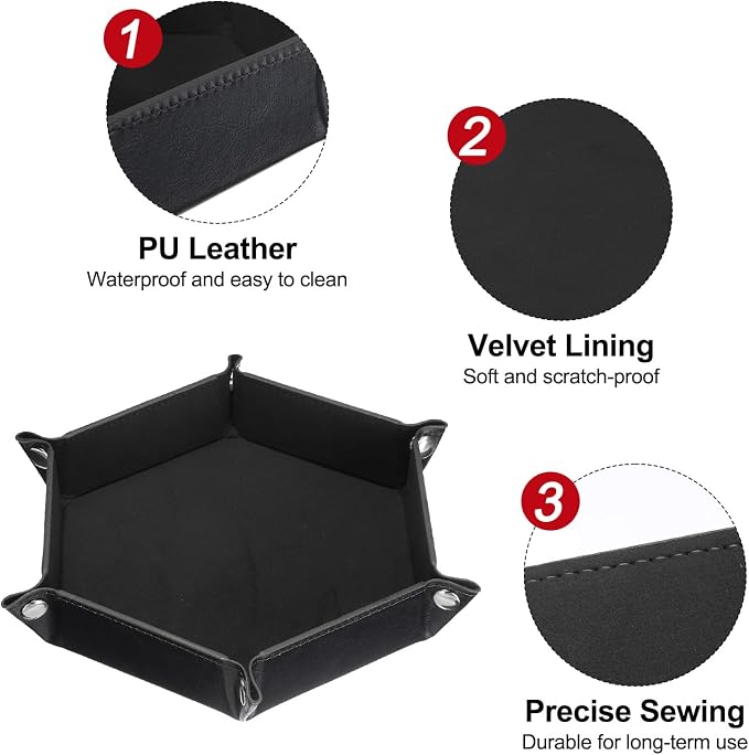 HARFINGTON PU Leather Dice Tray Unisex Valet Tray Folding Hexagon Tray Portable Entryway Table Nightstand Bedside Desk Holder for Key Wallet Watch Coin Jewelry, Black - Image 4