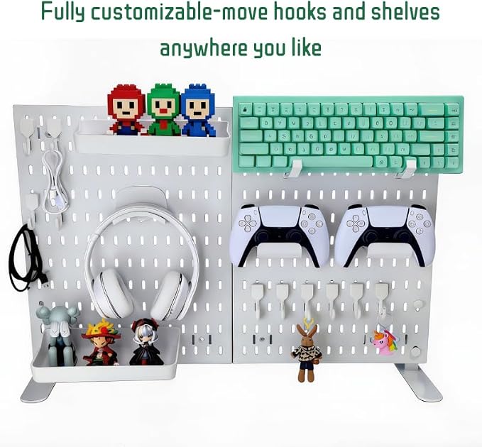 Gaming Desk Organizer, No-Drill Freestanding Desk Pegboard with Headphone Stand, Controller Holder, Keyboard Stand & Shelves, 5-in-1 Gaming Setup Accessories for Dorm Room & Home Office, White - Image 8