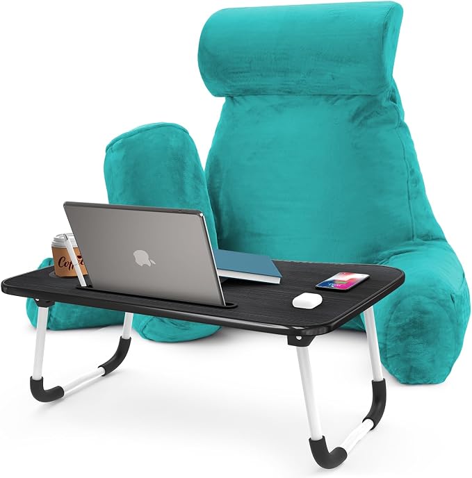 Nestl Reading Pillow with Portable Laptop Lap Desk - Shredded Memory Foam Back Support Pillow for Sitting Up in Bed and Couch Rest Pillows with Arms, Bed Tray Table with Foldable Legs, Teal by Nestl