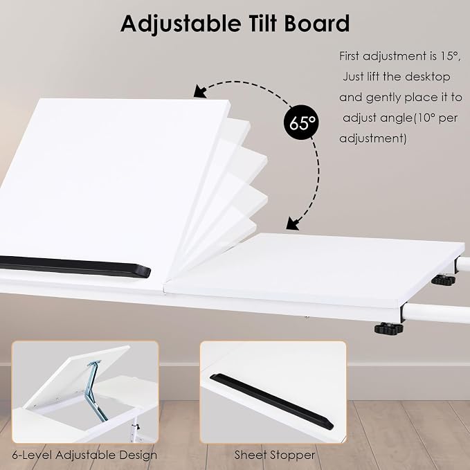 Arlopu Overbed Table with Wheels,60.6-84.2 inches Mobile Bed Desk, White - Image 4