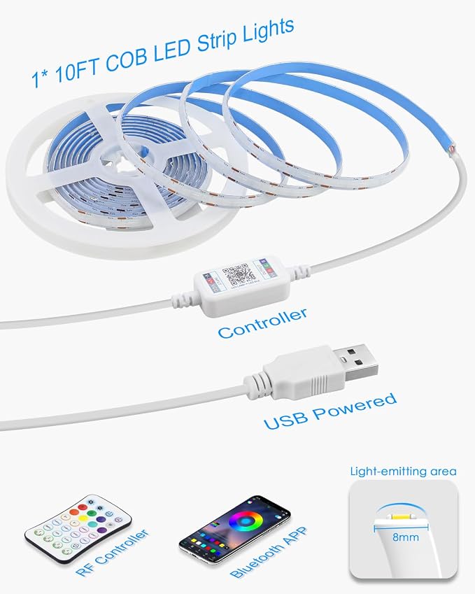 5V USB COB RGB LED Strip Light for Bedroom 10FT/3M Bluetooth LED Rope Lights Music Sync Self-Adhesive TV Backlight Flexible Color Changing Tape Light With Remote for Kitchen Home Decor 576LED/M - Image 8