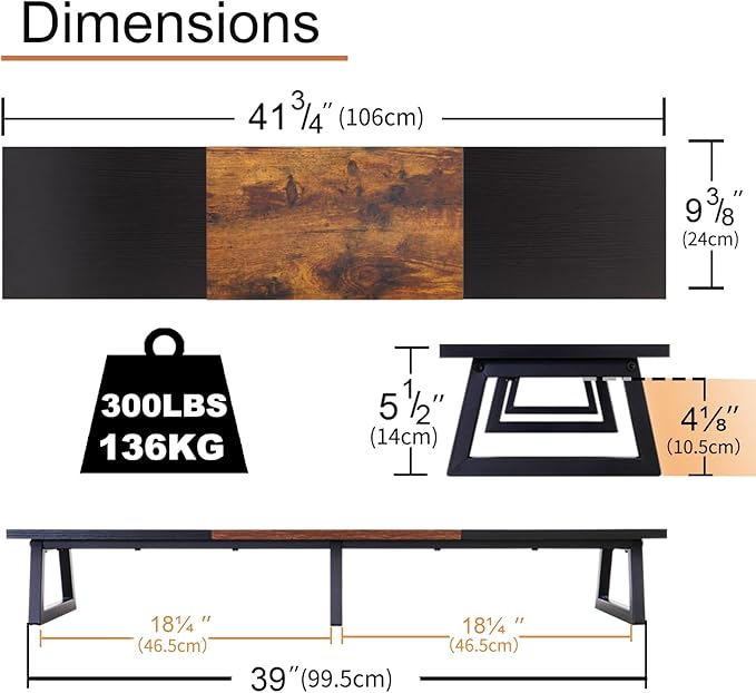 TEAMIX 42 inch Large Dual Monitor Riser, Desk Organizer Stand for TV Laptop | Extra Long Computer Stand Shelf, Wood & Steel TV Riser, Holds 300lbs, Keyboard & PS5 Storage Below, For Home Office & Gaming - Image 4