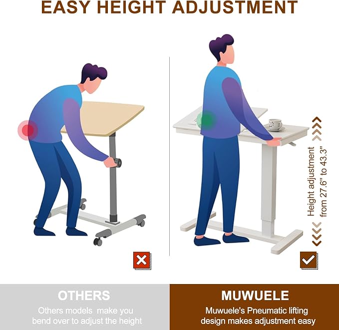Muwuele Solid Wood Overbed Bedside Table with Wheels, Adjustable Medical Tilt Top Hospital Bed Table Over The Bed, Rolling Laptop Desk, Mobile Standing Desk for Hospital and Home Use (White) - Image 8