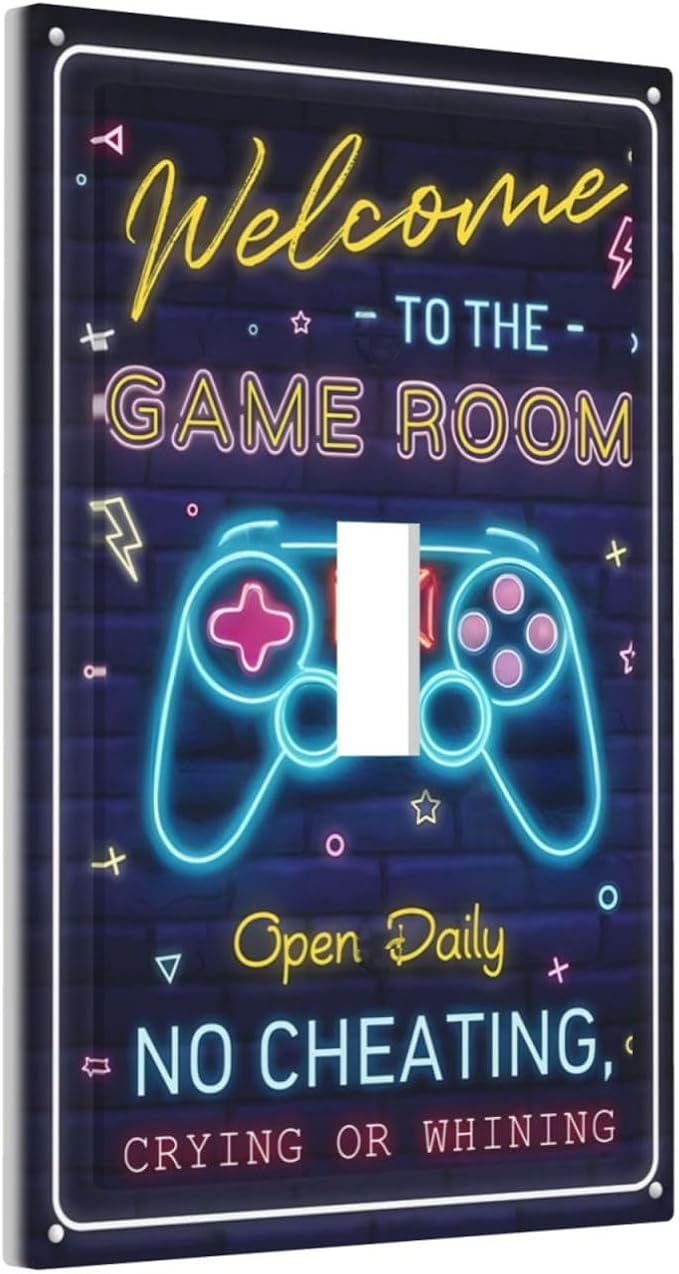 Single Toggle Rocker Switch Wall Plate, Neon Game Controller Welcome To Game Room 1 Gang Light Switch Cover with Matching Color Mounting Screws, Gaming Decor Faceplate for Bedroom Game Room - Image 2