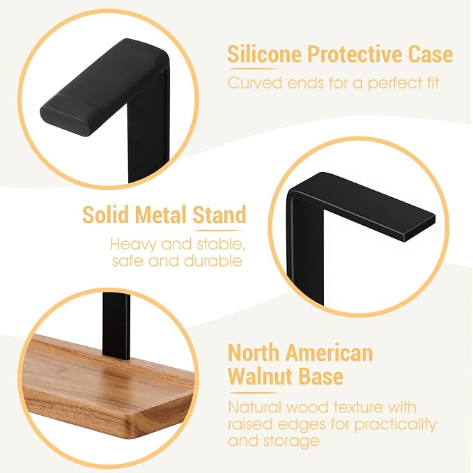 Wood Headphone Stand, Walnut Headset Stand for Desk, Universal Headphone Holder with Storage Base for Gaming, Music Headsets(Light Brown) - Image 3