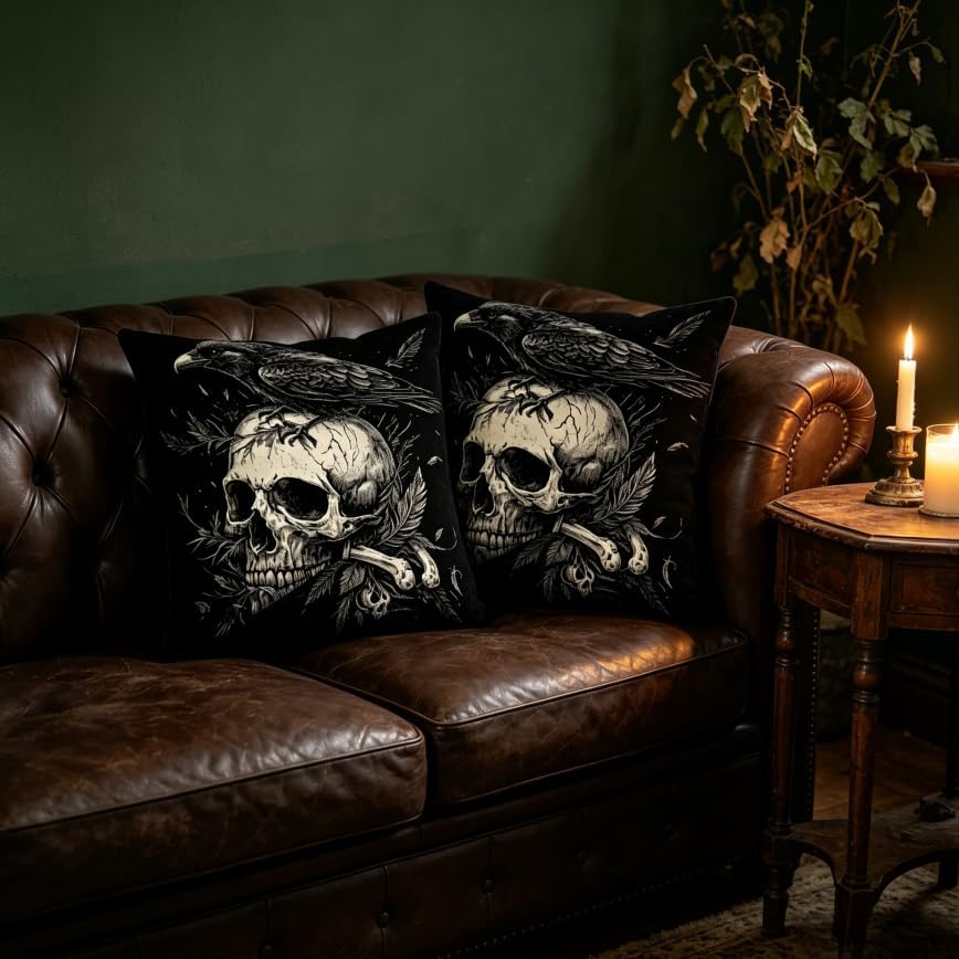 Gothic Skull Raven Throw Pillow Covers, Black, Linen, 18x18 Inch, Set of 2, Square, Machine Washable,Halloween Decorations - Image 6