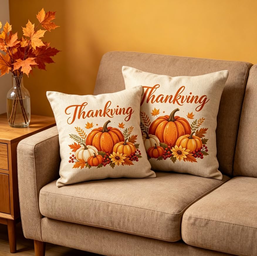Thanksgiving Throw Pillow Covers, Linen, 18x18 Inch, Set of 2, Pumpkin Autumn Design, Farmhouse Style, Machine Washable - Image 6