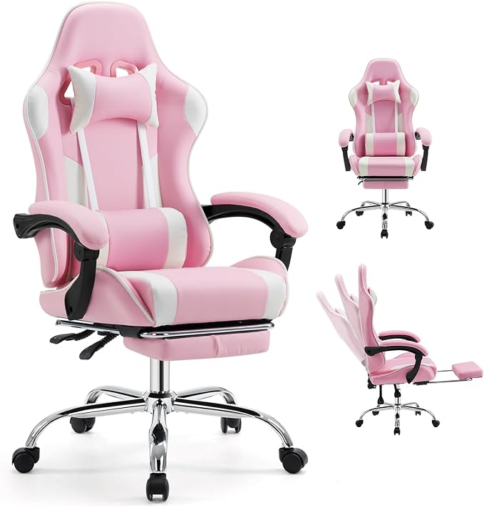 DUMOS Ergonomic Gaming Chair with Footrest, Home Office Desk Chair | PU Leather, Headrest, Linkage Armrests, Height Adjustable, 360 Swivel Reclining, Pink White by DumosLifestyle