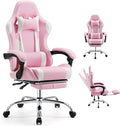 DUMOS Ergonomic Gaming Chair with Footrest, Home Office Desk Chair | PU Leather, Headrest, Linkage Armrests, Height Adjustable, 360 Swivel Reclining, Pink White by DumosLifestyle