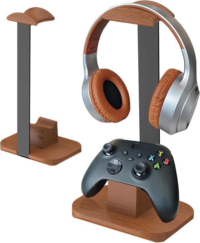 Walnut Headphone and Controller Stand, Desk Gaming Equipment Wooden Headset Controller Holder, Earphone Hook for Game Room Desktop PC Accessories, Gamer Gifts by Unknown