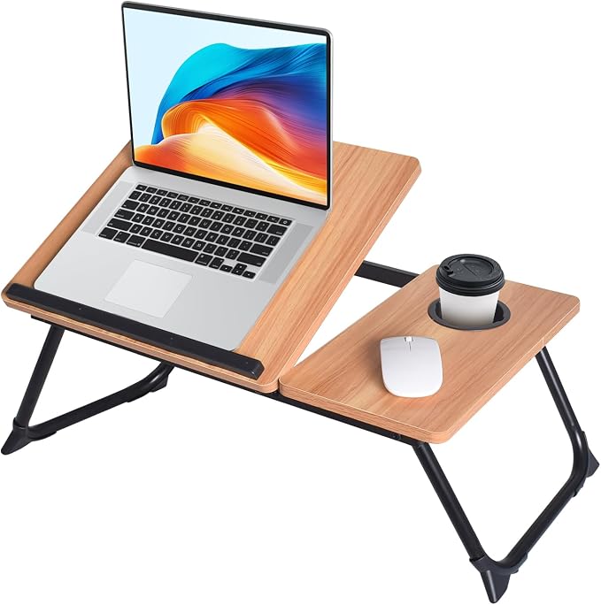 XXL Adjustable Lap Desk - Sturdy Portable Foldable Laptop Desk for Bed & Sofa, Height Adjustable Laptop Bed Stand, Ergonomic Lap Table for Adults Work, Writing and Gaming (Wood) by wishaccDirect