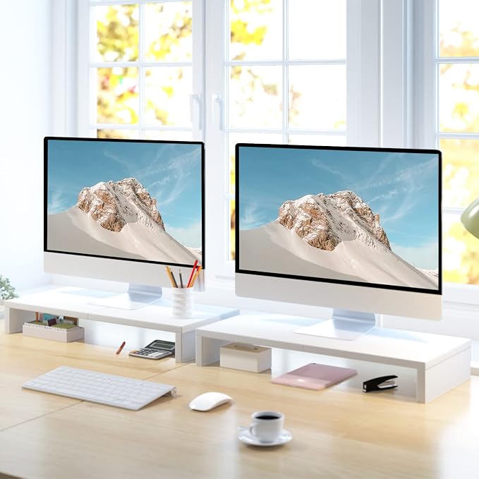 TEAMIX 2 Pack White Monitor Stand Riser 20 inch, Wooden Desktop Stand Shelf | For 2 Monitors, Laptop, Printer, TV, PC Tower, Full Keyboard Storage Underneath, Desk Organizer for Home Office Gaming Vanity - Image 2