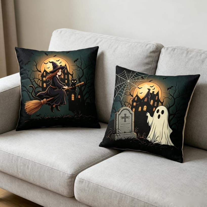Halloween Throw Pillow Covers, Linen, 18x18 Inch, Set of 2, Ghost Pumpkin Haunted House Design, Machine Washable - Image 4