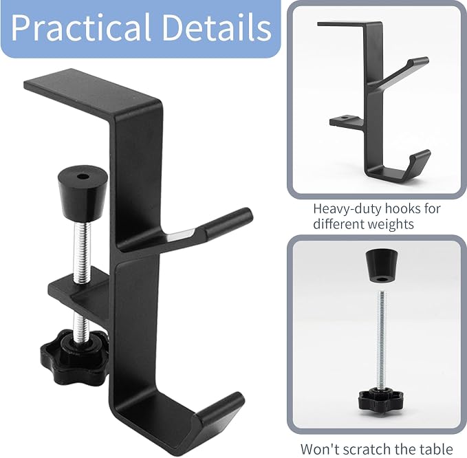 Desk Mount Bag Holder Hook Clamp-On Backpack Hanger Portable Desk Mount Headphones Holder Reduce Desk Clutter for Table Desk, Under Counter (Black) - Image 4