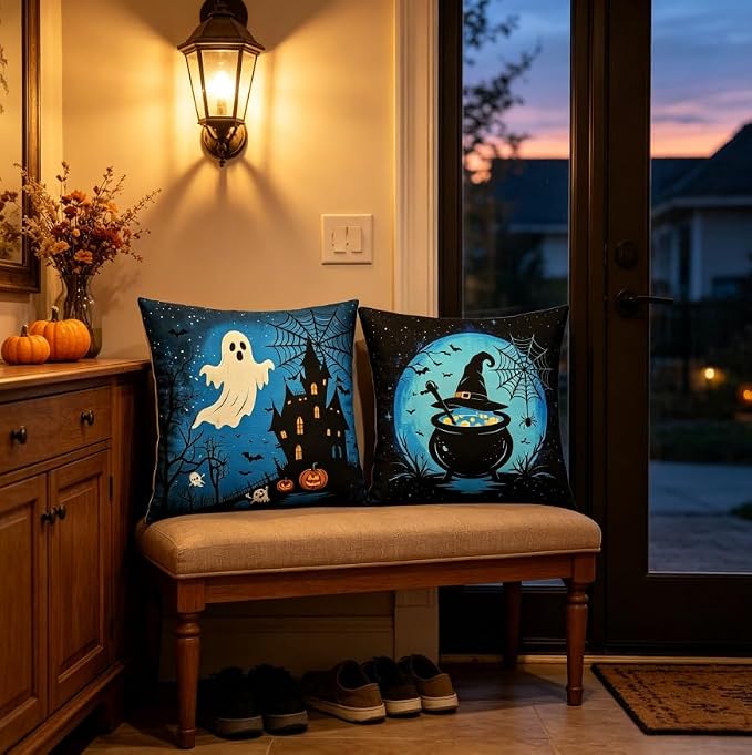 Halloween Throw Pillow Covers, Ghost and Witch Cauldron Design, Linen, 18x18 Inch, Set of 2 - Image 3