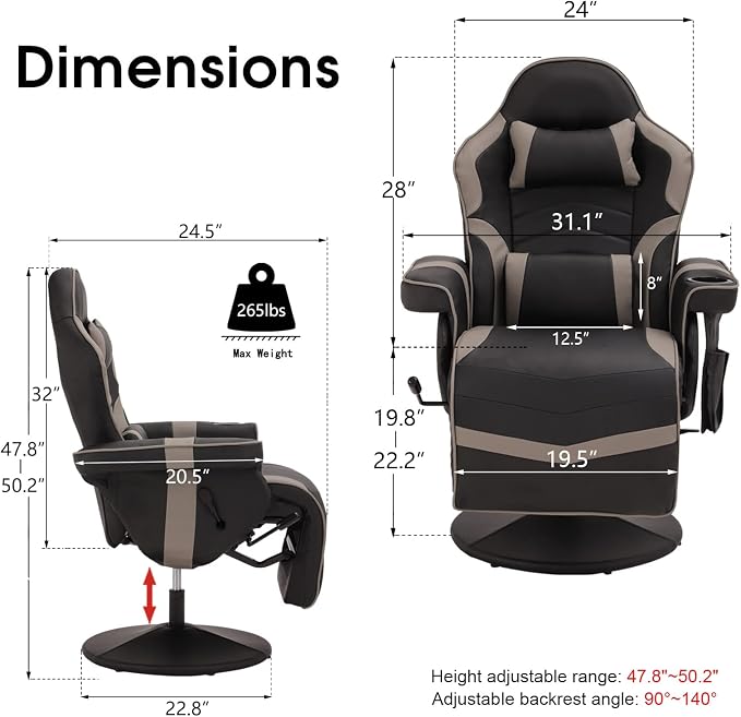 LVUYOYO Reclining Gaming Chair, Gaming Chair with Footrest and Massage, High Back PU Leather Gaming Recliner w/Adjustable Height, Swivel Game Chair with Lumbar Support, Cup Holder, Headrest - Image 2