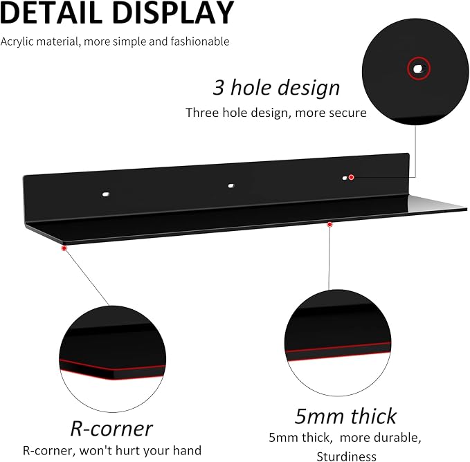 Sezanrpt 24 Inches Acrylic Wall Shelves 2 Pack, Floating Shelf for Wall Mounting, Acrylic Display Ledges for Funko Pop Figures, Home Décor, Living Room, Gaming Room, Plants(24 inch, Black) - Image 4
