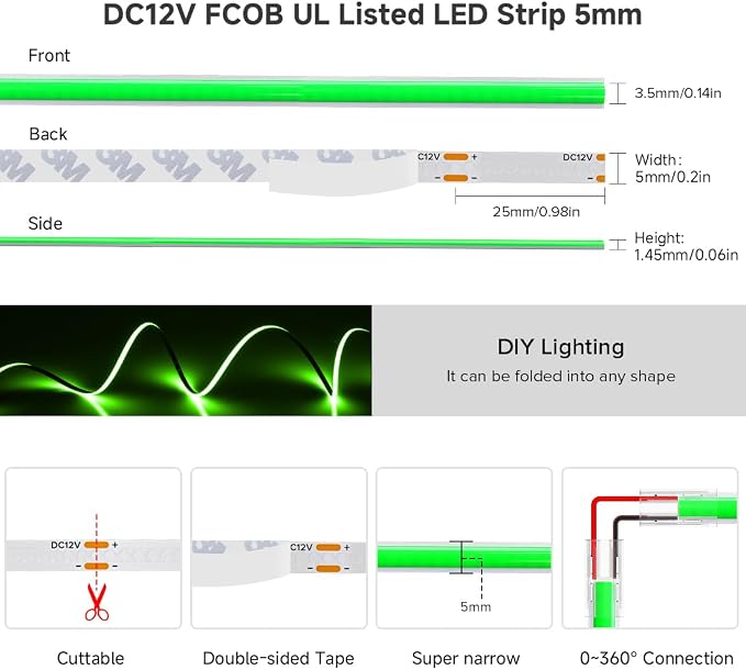 BTF-LIGHTING UL Listed Green Color 5mm Width FCOB COB LED Strip Light - Image 5