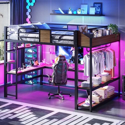 Bellemave Queen Size Metal Loft Bed with L-Shaped Desk, LED Lights & Charging Station, Heavy Duty Loft Bed Frame with Hanging Rod and Storage Shelves for Kids, Teens & Adults, Space Saving,Black - Image 4