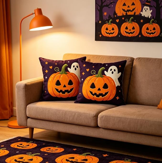 Halloween Decorations Throw Pillow Covers, Jack-O-Lantern Pumpkin and Ghost Design, Purple,Linen, 18x18 Inch, Set of 2，Halloween Decor Pillow Indoor, Halloween Decoration - Image 4