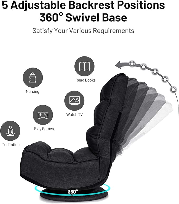 GIANTEX 360 Degree Swivel Gaming Chair, 6 Position Adjustable (Black) | Folding Floor Chair, 300lb Spring Support, Comfortable Padded Backrest, Lazy Sofa Chair Game Rocker for Teens Adults - Image 4