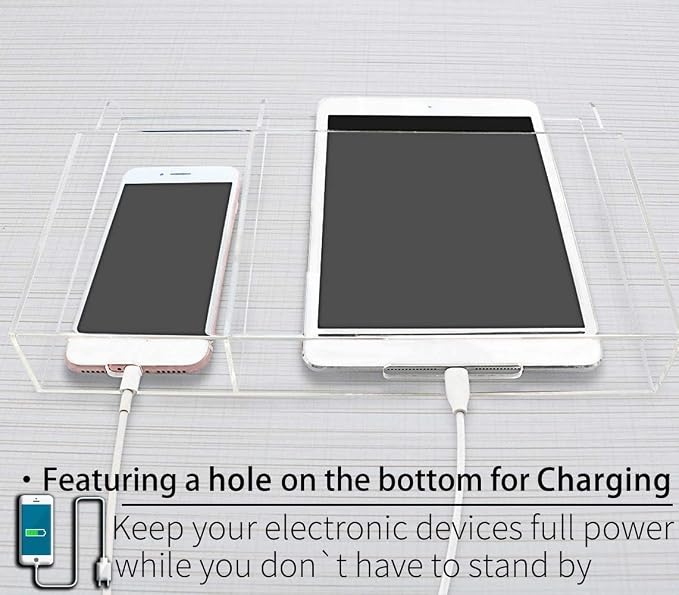 Clear Wall Tablet Holder Acrylic Wall Mounted Phone Holder for iPad, Remote Control Holder Laptop Stand for eReader Storage Caddy with Charging Holes for Kindle iPhone - Image 3