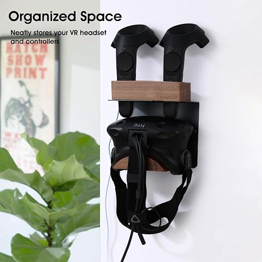 NIRVASH Walnut VR Headset Wall Mount Holder, Wood VR Wall Stand Storage Hook Compatible with Meta/Oculus Quest 3, 2, 3S, Vive Display Hanger, Game Room Decor Vintage Gift Organizer Shelf (No Charger) - Image 8