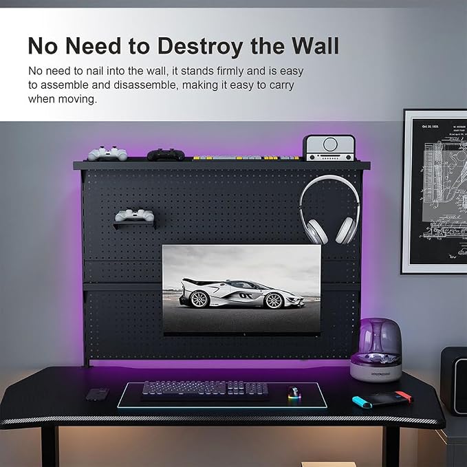 Clamp-On Desk Pegboard with Single Monitor Stand, 43" Steel Peg Board Organizer for Office & Gaming Setup, Modular Storage with Hooks & Movable Partition, Fits 0.59"–1.77" Desks, Black - Image 3