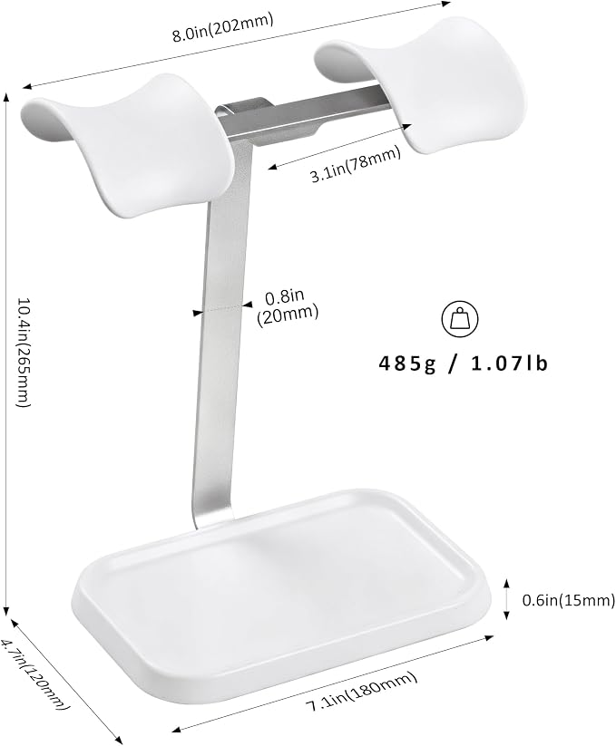 Dual Headphone Stand, Double Balanced Headset Stand with Storage Tray, Heavy Base Gaming Headset Holder for Desk (White) - Image 6