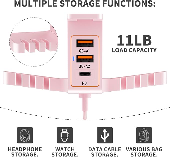 cozoo Desk Headphone Holder Hook Headset Watch Cable Bag Storage Pink | 2 USB-A & 1 Type-C Ports; Holds Headphones,Watches, Cables, Various Bags,Multifunctional Desk Storage Hook for Gaming Office - Image 2