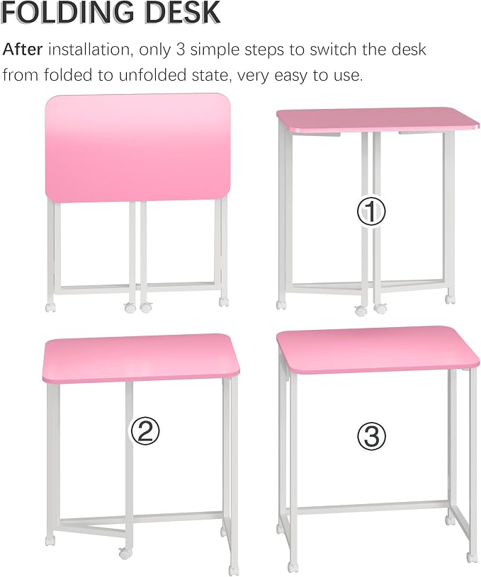 4NM 23.6" Mobile Small Rolling Computer Desk, Folding Laptop Cart Table with Wheels, Portable Office Desk for Small Space Couch Bed - Pink and White - Image 6
