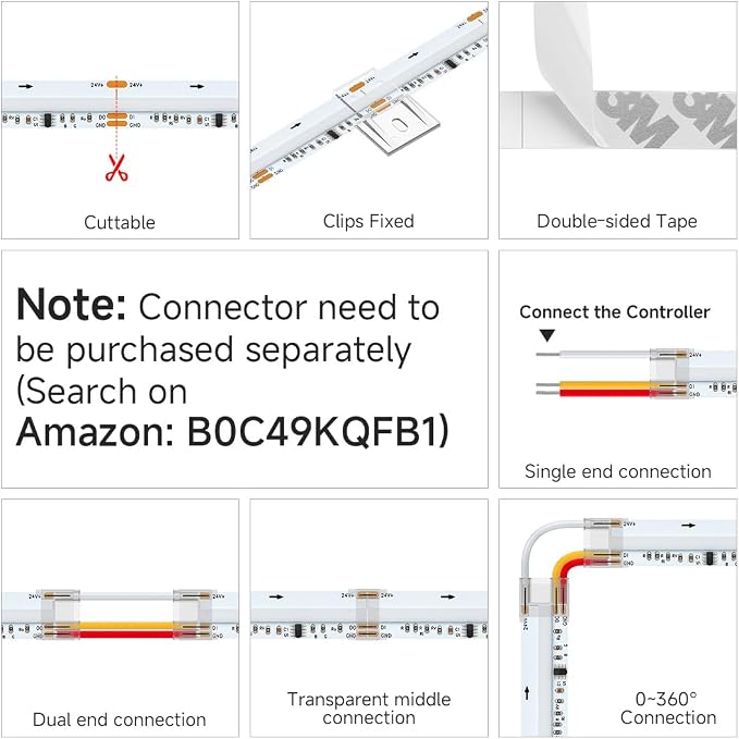 BTF-LIGHTING IP66 RGB WS2811 Smart IC FCOB COB LED Strip, UL Listed 864LEDs/m High Density Color Chasing Uniform Light, DC24V 24FT 12mm Width Tape Light for Home DIY Decor(No Adapter or Controller) - Image 7