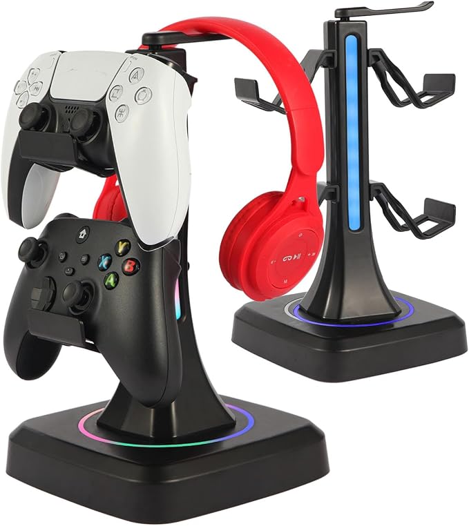 Controller Headset Stand for PS5, Xbox, Switch | 10 RGB light modes,Universal compatibility,360° rotatable headphone holder,Stable,Scratch protection,Easy assemble,Gamer gift by Profession