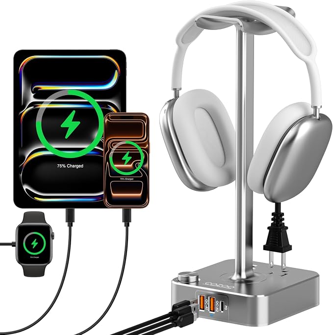 cozoo Headphone Stand with Charger, USB C, Gifts for Gamers Men, Gray | Gaming Headset Stand Holder for Desk, 3 USB(1 USB C) and 2 AC Outlets Charging Ports, Headphone Hanger, Gamer Gifts for Men by COZOO