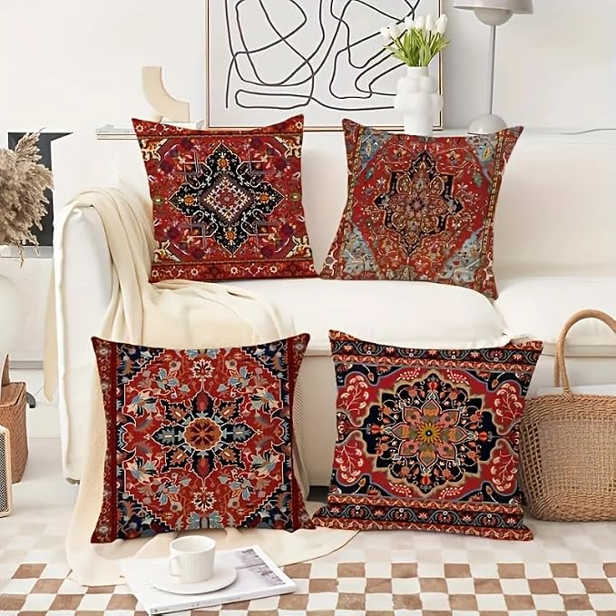 4pcs, Bohemian Ethnic Style Carpet Pattern Throw Pillow Covers, Printed Throw Pillowcase, Throw Pillow Covers Decor, Home Decor, Bedroom Decor, Living Room Decor, 18x18 Pillows Linen Pillowcase - Image 3