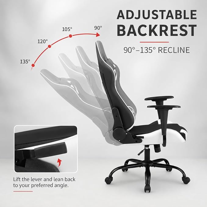 BestOffice Gaming Chair Desk Chair Ergonomic High Computer Chair with Adjustable Lumbar Support, Armrests, and Racing-Inspired Design for Office and Home Use (White) - Image 4