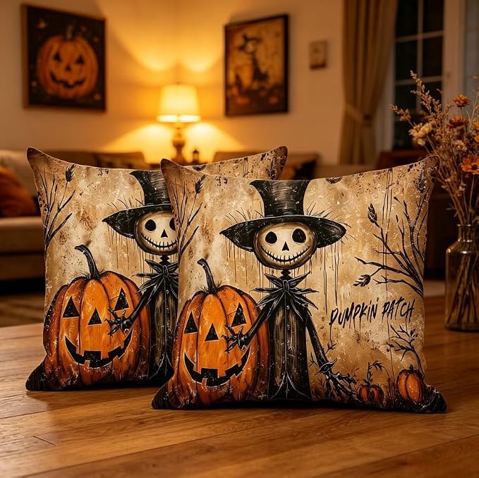 Halloween Throw Pillow Covers, Pumpkin Ghost Skeleton Design, Linen, 18x18 Inch, Set of 2, Farmhouse Style, Living Room Decor - Image 4