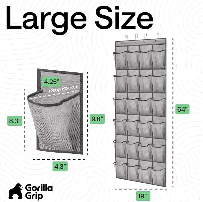 GORILLA GRIP Over the Door Shoe Organizer, 24 Large Pockets, Gray - Image 7