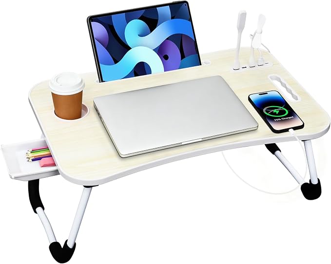 Portable Bed Desk, Foldable Laptop Desk with 4 USB Charge Port/Cup Holder/Tablet Slot/Storage Drawer, Folding Lap Table for Working, Writing, Drawing and Eating (White) by WGCTEK