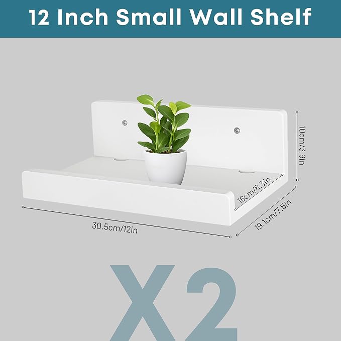Floating Wall Shelves Set of 2, 12-Inch Solid Wood Shelves with Cable Holes, Small Display Shelf for Router, Webcam, Smart Speaker, Camera – White - Image 3