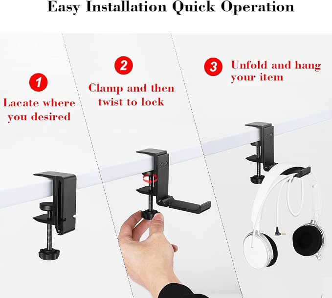 Headphone Holder Under Desk Hook with Cable Organizer, Foldable Aluminum Headset Mount, Space-Saving Hanger for Most Headphones - Image 5