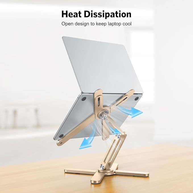 OMOTON LA10 360° Rotating Laptop Stand Riser Foldable for Desk, Gold | Aluminium Aolly, Tool-free Adjustable Height Angles, Collaborative Work, Easy Storage, Fits 11"-17" MacBook Pro/Air, Dell, HP - Image 9
