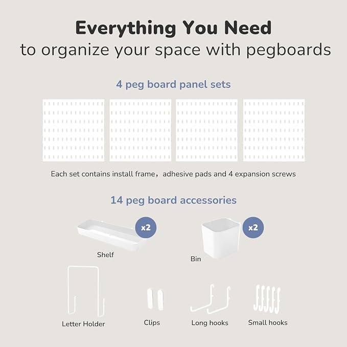 Keepo Peg Board Wall Organizer – Plastic Pegboard Panels, Modular Peg Board Storage System For Home Office, Craft Room, Gaming Setup (White, 22″×22″) - Image 3