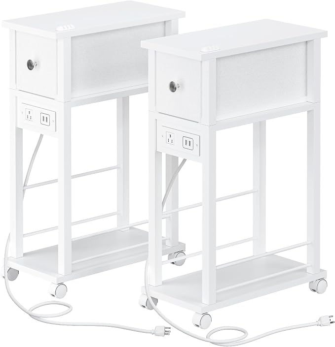 Slim Nightstand Set of 2, Narrow Side Table with Charging Station & Drawer - Image 5