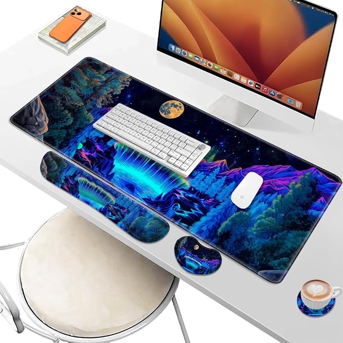 Desk Pad and Keyboard Wrist Rest, Large Mouse Pad + Keyboard Pad+Mouse Wrist Support, Non-Slip Desk Mat Protector for Office, Home 31.5×11.8 Inches Waterfall - Image 6