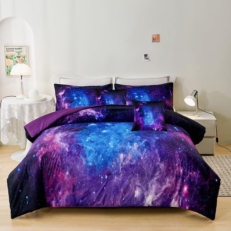 Galaxy Comforter Sets Twin 7PCS,Purple Comforter Set,Girls Bed Sets,Bed in a Bag with Flat Sheet and Fitted Sheet,Pillowcases,Cushion Covers for Girls,Purple Galaxy Twin Bedding Sets by Helloosuucomforterset