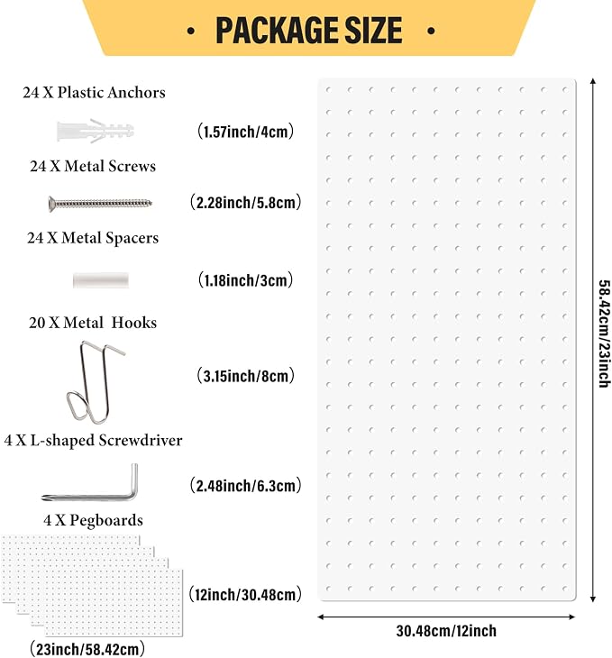 DEWEL 4 Pack White Metal Pegboard, 23x12 Inch Wall Organizer Kit with Hooks - Image 2