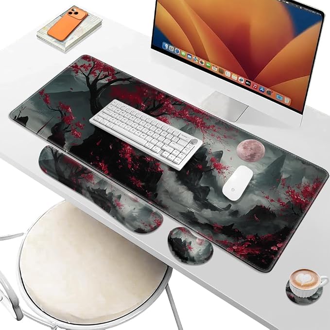 Desk Pad and Keyboard Wrist Rest,Janpense Large Mouse Pad + Keyboard Pad+Mouse Wrist Support, Non-Slip Desk Mat Protector for Office, Home 31.5×11.8 Inches Cherry Blossom - Image 6
